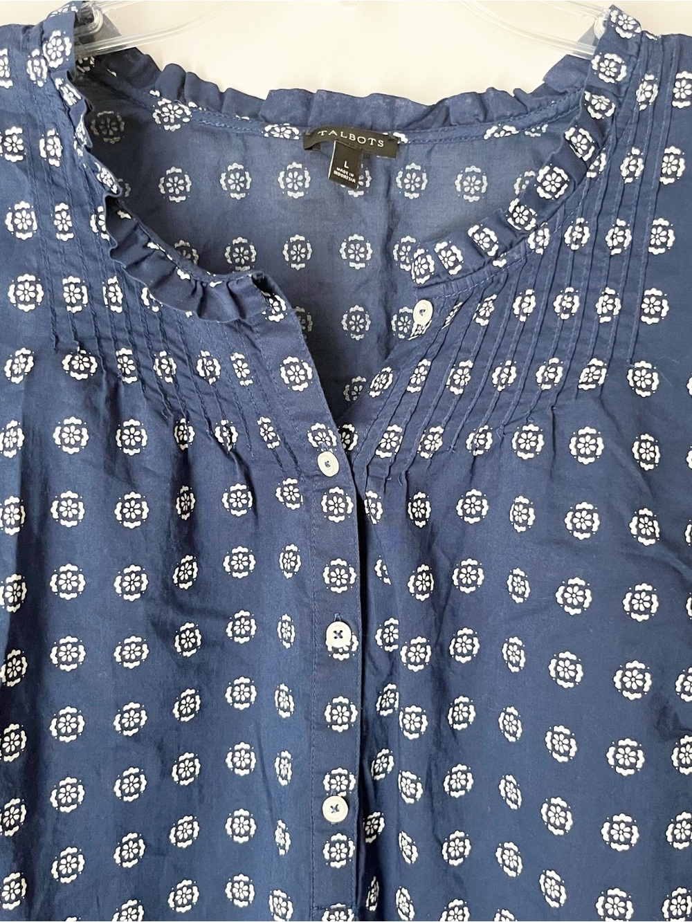 Talbots Blue Printed Ruffle-Neck Button Front Long Sleeve Blouse Size Large - Picture 2 of 8